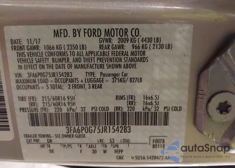 2018 Ford Fusion S z USA, uszkodzony, nr VIN 3FA6P0G75JR154283